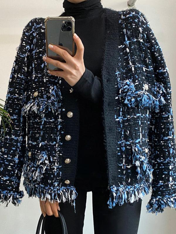 Vintage V-Neck Fringed Frayed Mélange Knit Cardigan Plush Fashion Hub