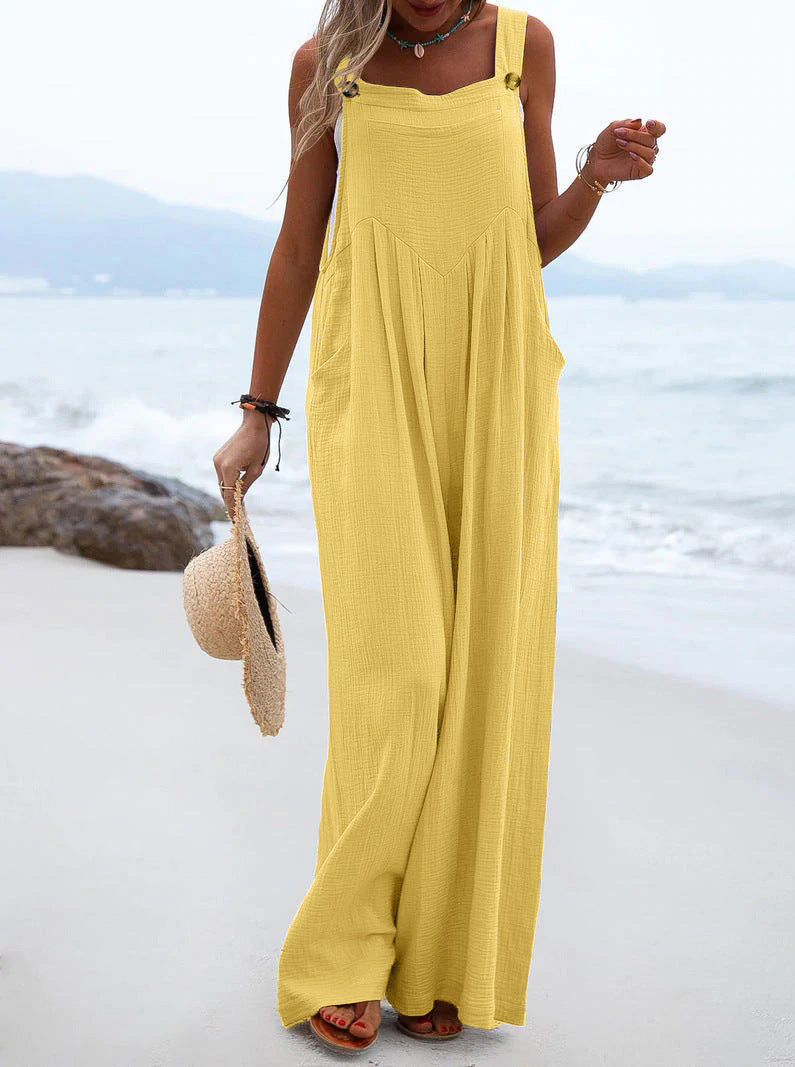 Women’s summer wide-leg jumpsuit by Bella Mia featuring ethnic solid color design and comfortable fit.