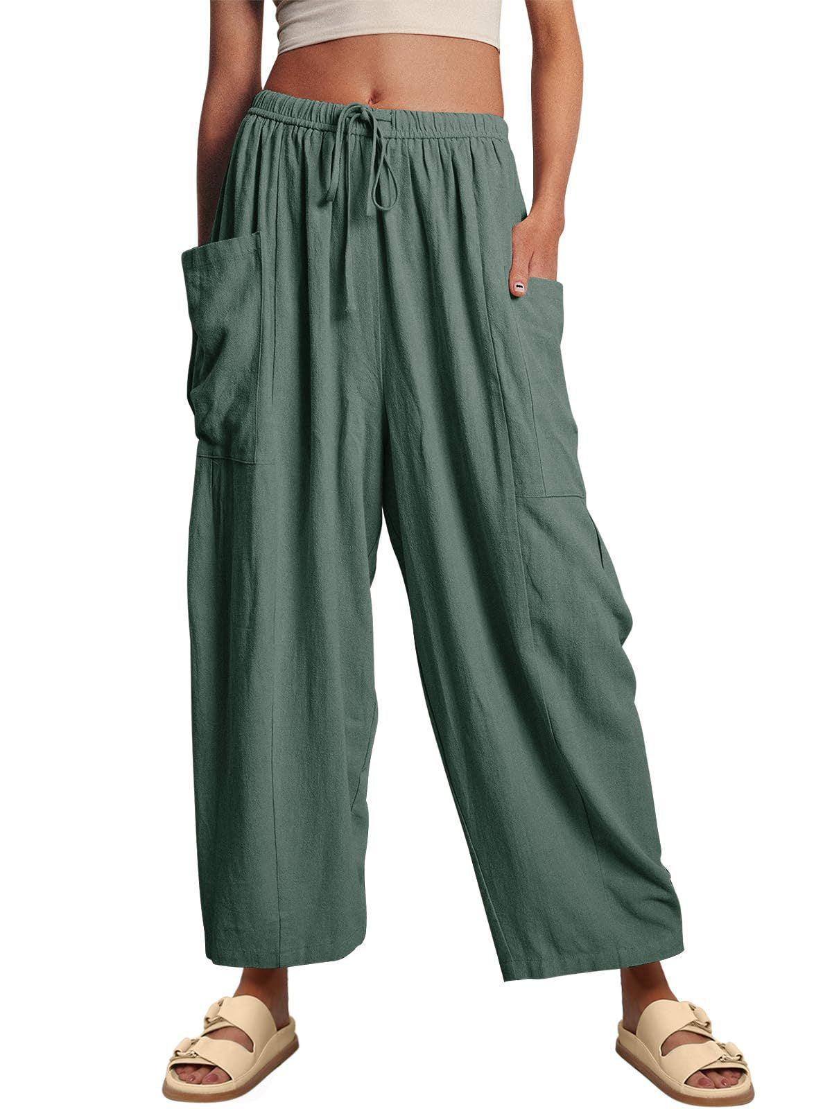 Women's cotton linen wide-leg pants with elastic waist, pleated high waist, and loose casual fit from Plush Fashion Hub.
