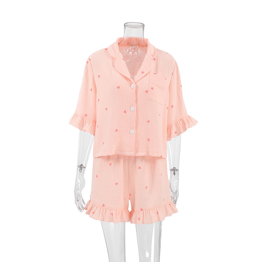 Bella Mia women's summer pajama bottoms with heart print, crepe cotton fabric, short sleeves, and matching shorts for home wear.