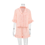 Bella Mia women's summer pajama bottoms with heart print, crepe cotton fabric, short sleeves, and matching shorts for home wear.