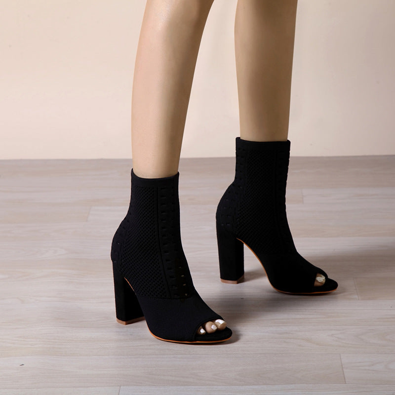 Bella Mia women's knitted peep toe high heel sandals with chunky heels and round head design, perfect for street style outfits.