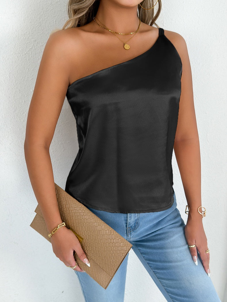 Women’s summer satin camisole vest from Plush Fashion Hub, stylish satin top with a sleek, smooth fabric finish.