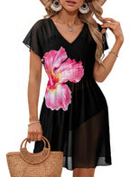 Casual V-neck sleeveless mesh dress with cinched waist, short sleeves, by Plush Fashion Hub, perfect for stylish summer wear