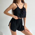 Bella Mia spring suspender shorts pajama set for women, featuring breathable knitted fabric and comfortable two-piece homewear.