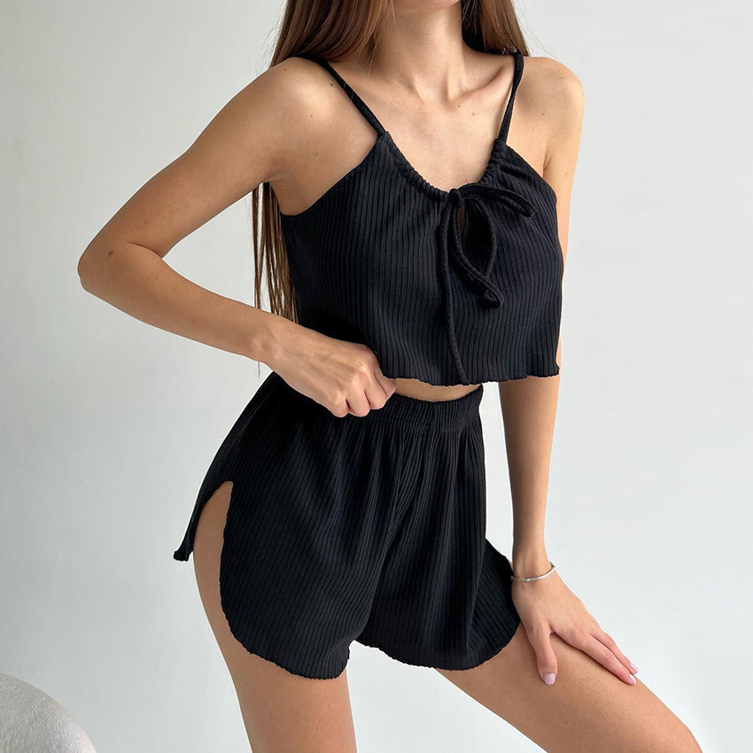Bella Mia spring suspender shorts pajama set for women, featuring breathable knitted fabric and comfortable two-piece homewear.