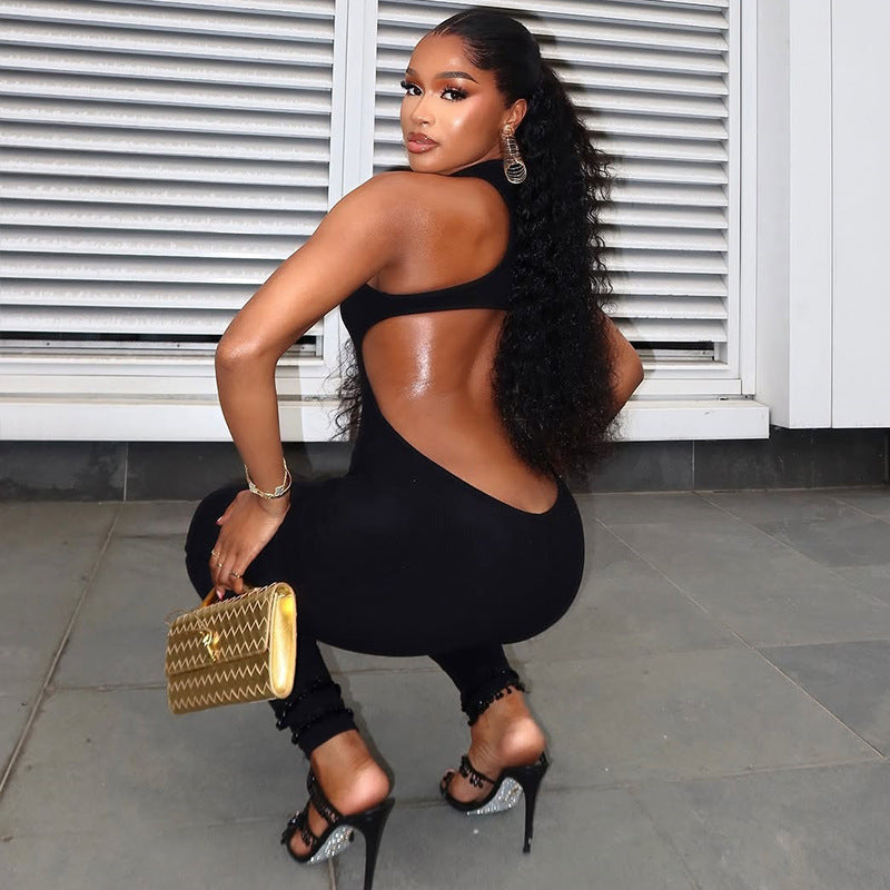 Plush Fashion Hub women's casual sports jumpsuit with hollow out cutouts, backless design, tight fit, solid color, low waist, long style.
