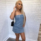 Bella Mia backless denim dress for women with wash finish, chest wrap, perfect for spring and summer casual wear.