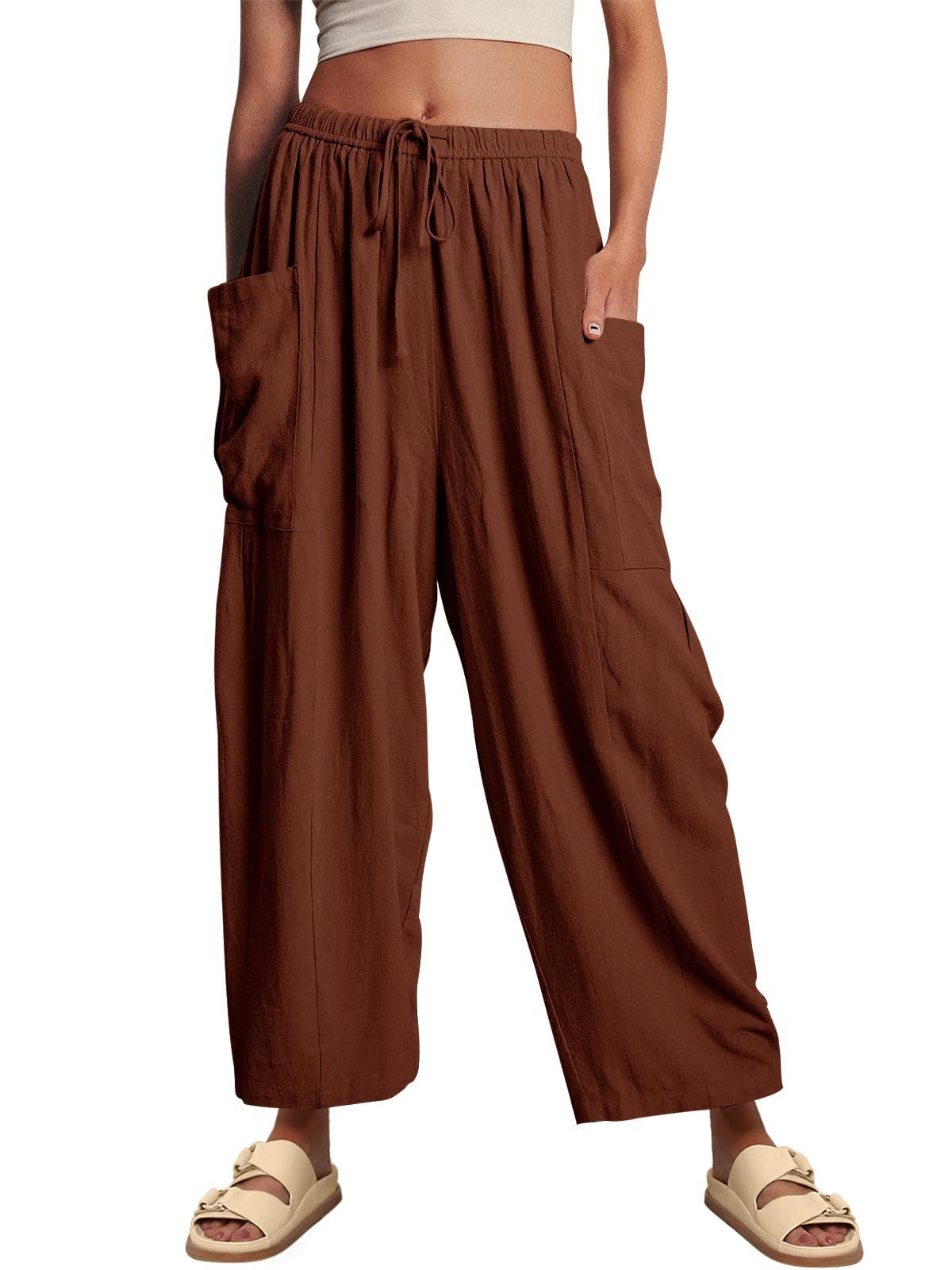 Women’s cotton linen wide-leg pants with elastic waist, pleated high waist, loose casual style by Plush Fashion Hub