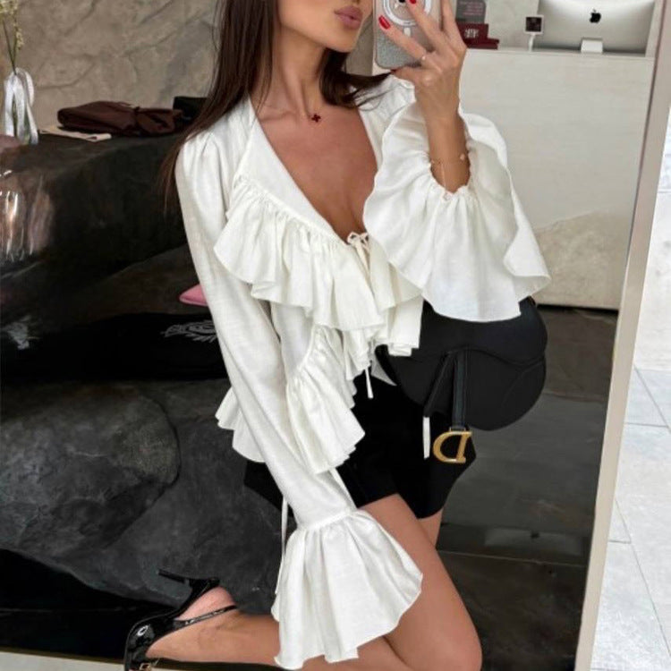 Bella Mia women's spring ruffled flare sleeve tie neck top, stylish shirt with matching design and feminine details.