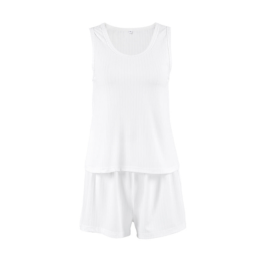 Bella Mia spring knitted sunken stripe ladies homewear vest and shorts set, casual soft two-piece pajama ensemble.