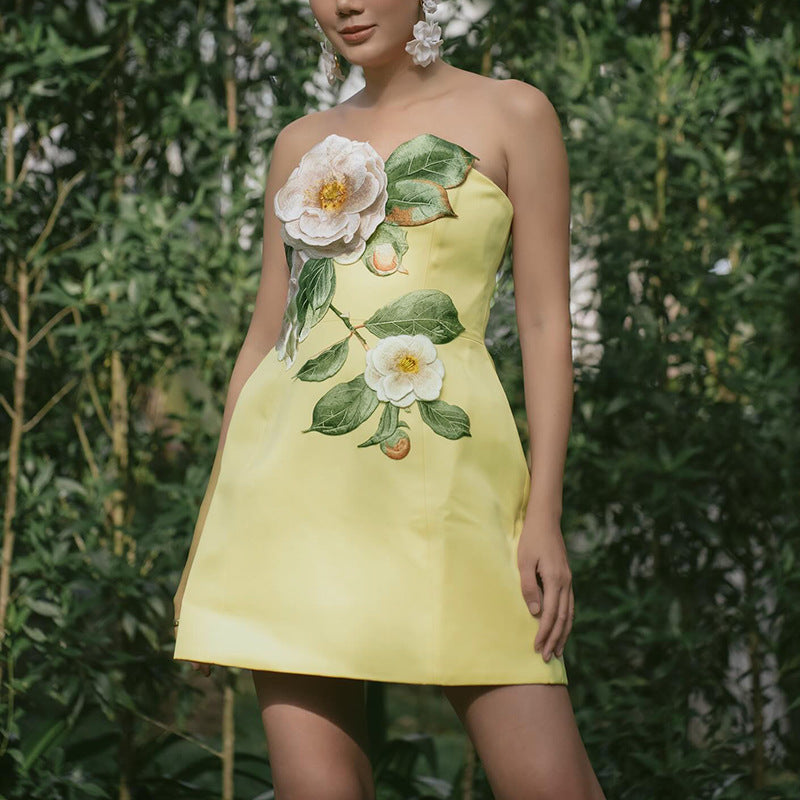 Bella Mia summer sleeveless floral embroidery dress with three-dimensional floral details and a slimming fit for women.