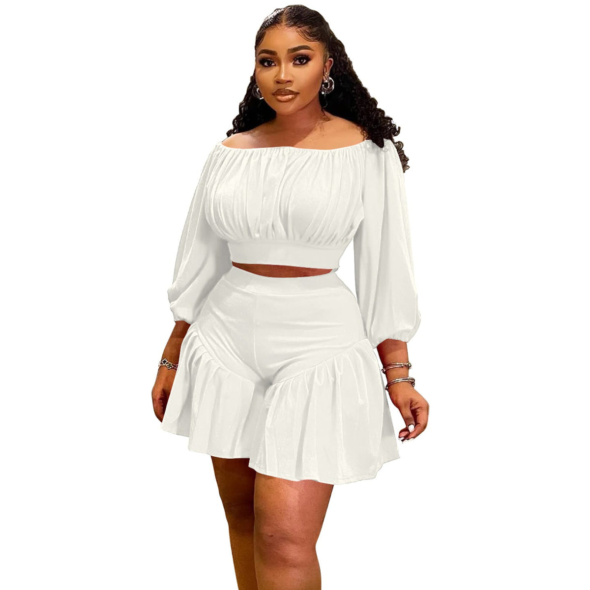 Plus size women’s matching set with pleated off-shoulder top and fluffy waist trim, casual two-piece outfit from Plush Fashion Hub