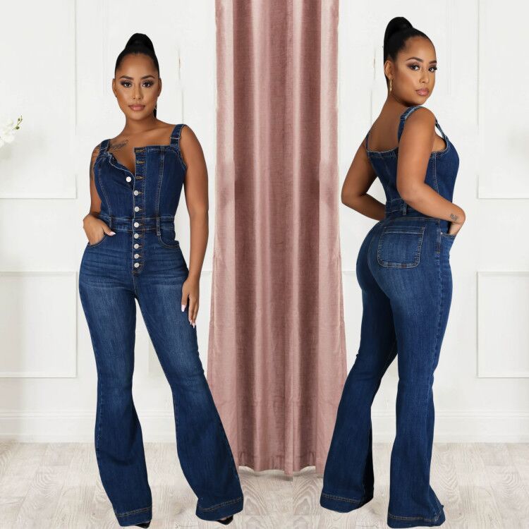 Casual women’s denim jumpsuit with wide-leg pants and sexy strap details, from Plush Fashion Hub.