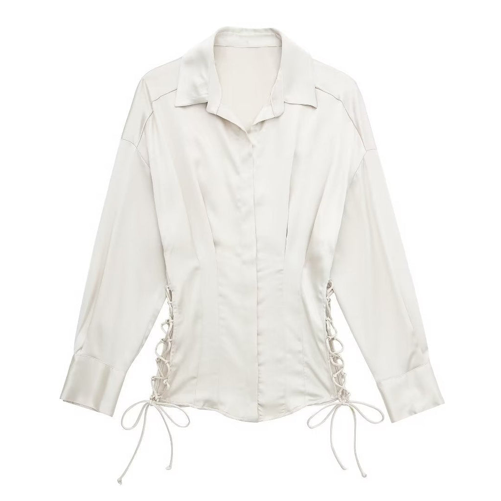 Autumn women’s satin long sleeve lace-up slim fit shirt by Bella Mia, shown in a stylish close-up image.