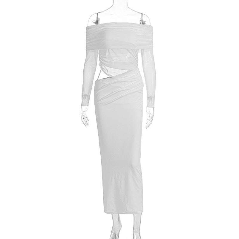 Summer women’s Bella Mia maxi dress featuring mesh stitching, long sleeves, and a slim fit tube top design.