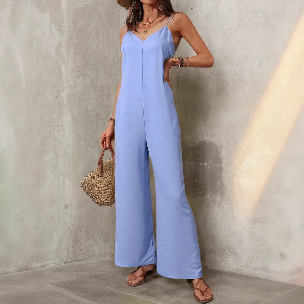 Women Clothing Solid Color Casual Sleeveless Sling Jumpsuit Simple Loose Wide Leg Pants Jumpsuit Bella Mia