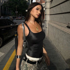 Women’s summer solid color coated shoulder strap crop vest with U collar, stylish outerwear by Bella Mia, exposed design.