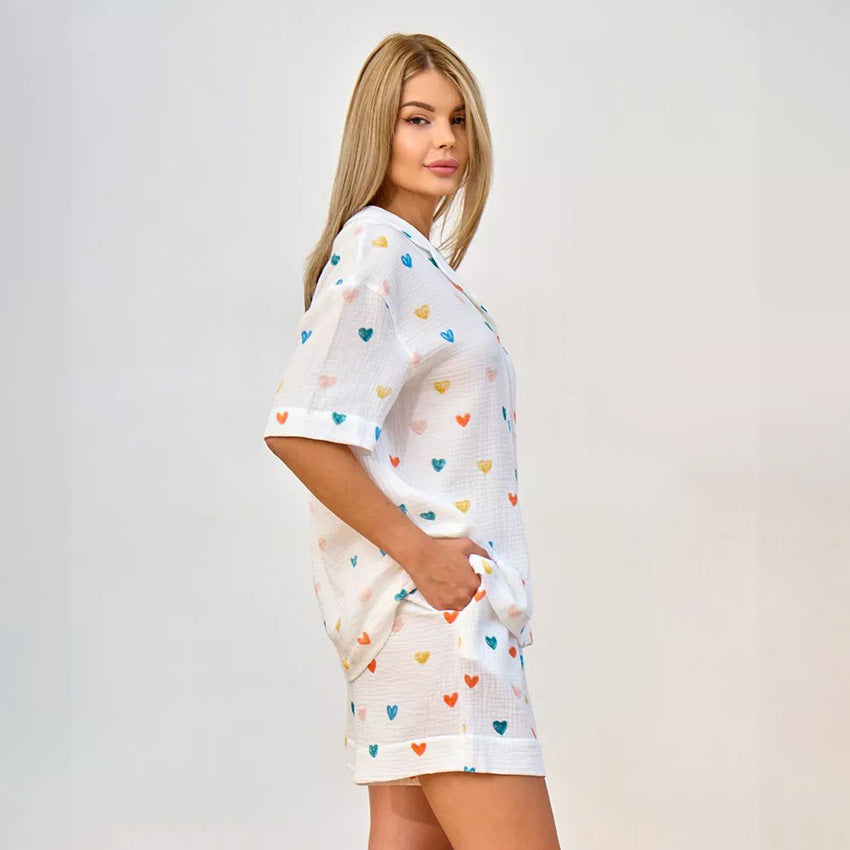 Bella Mia women's summer crepe heart-print pajama shorts with a matching cardigan, perfect for comfortable home wear.