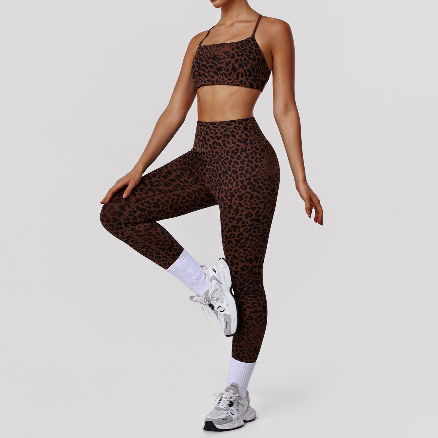 Leopard print high waist fitness two-piece set with beauty back bra and matching pants from Plush Fashion Hub