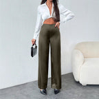 Women’s black satin wide-leg casual pants from Bella Mia, loose fit autumn satin bottoms with a relaxed, stylish silhouette.