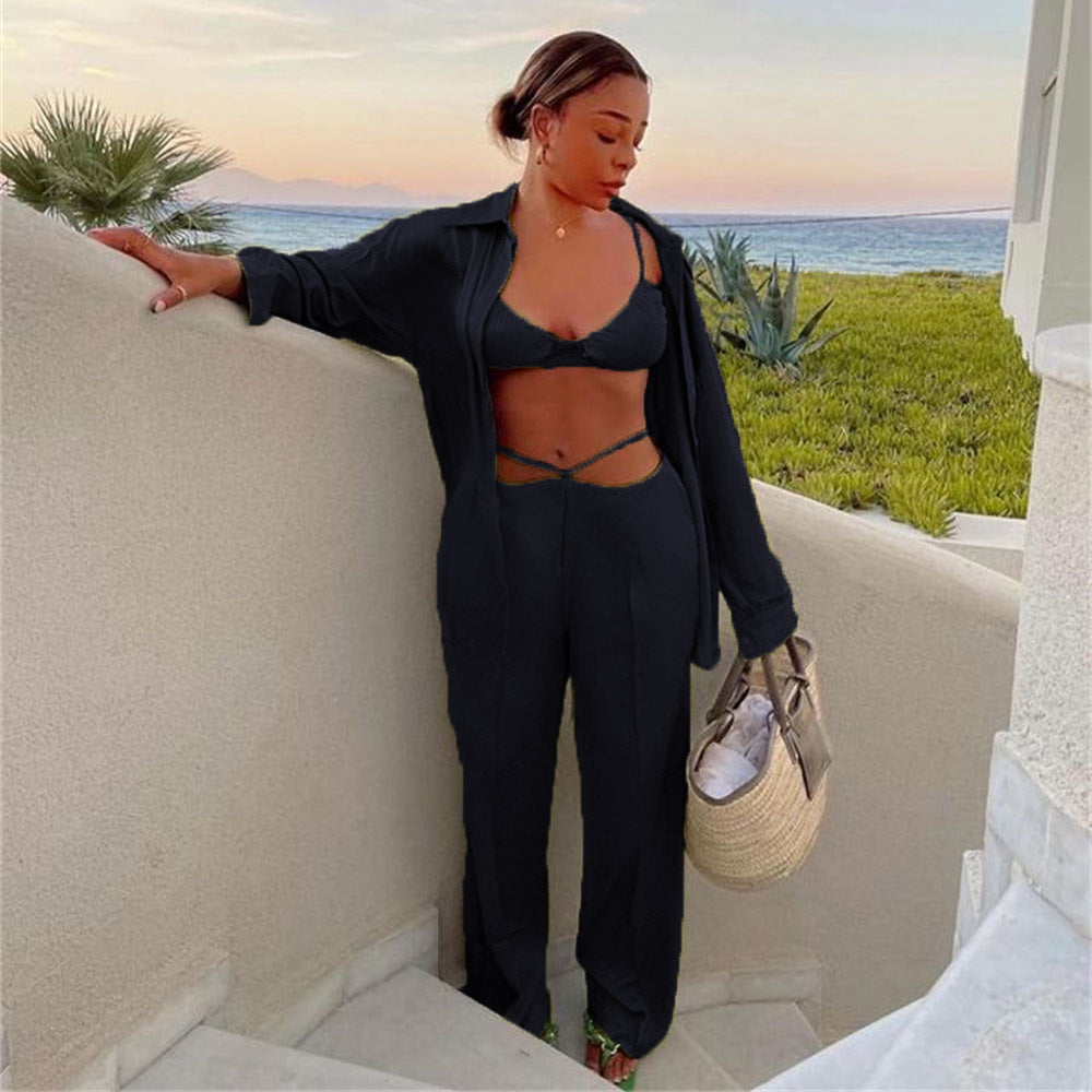 Plush Fashion Hub women's spring summer satin three-piece matching set with vest, shirt, and straight-leg pants on a model.