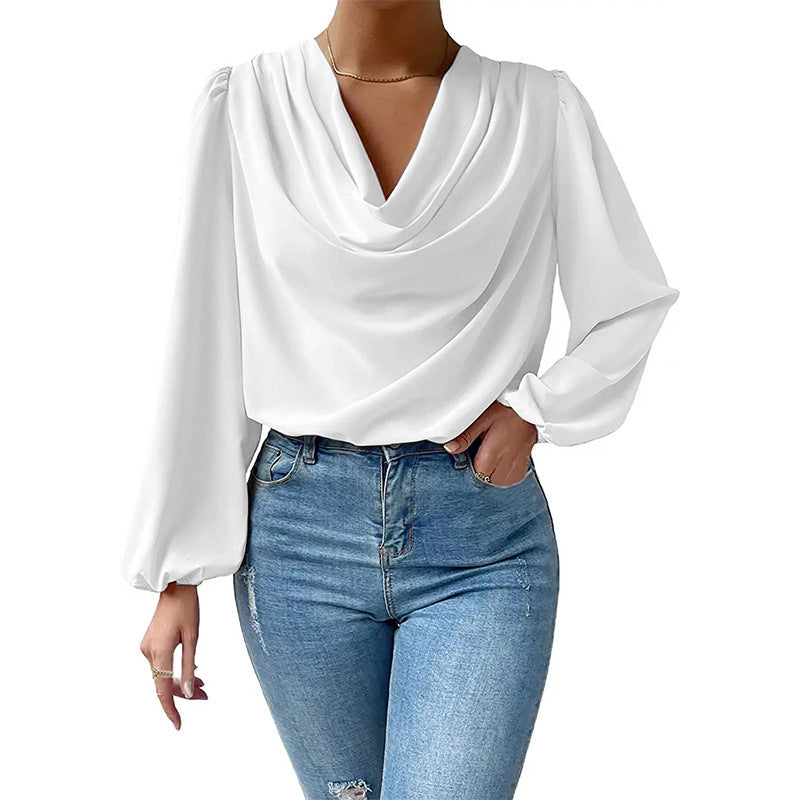 Loose draped V-neck long-sleeved top for women by Bella Mia, showcasing the relaxed fit and stylish design.