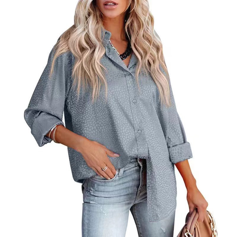 Women’s satin long sleeve shirt with a gravel pattern by Bella Mia, featuring a loose fit and autumn-inspired comfort.