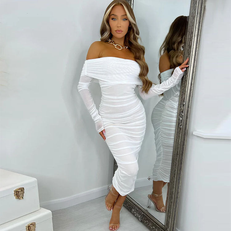 Women’s spring off-shoulder slim long sleeve dress with pleats in solid color, by Plush Fashion Hub, perfect for parties and early spring.