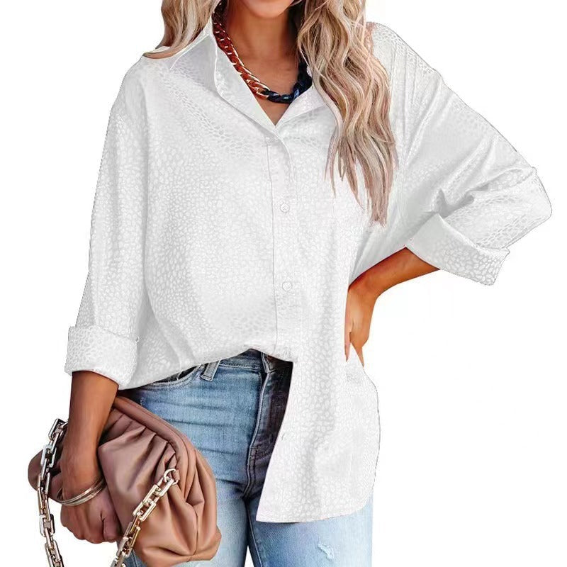 Women’s Bella Mia satin long sleeve shirt with a gravel pattern, loose fit, perfect for autumn comfort.