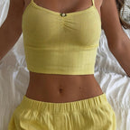 Bella Mia summer casual trousers and suspenders vest two-piece set for women, stylish pajama bottom and top ensemble.