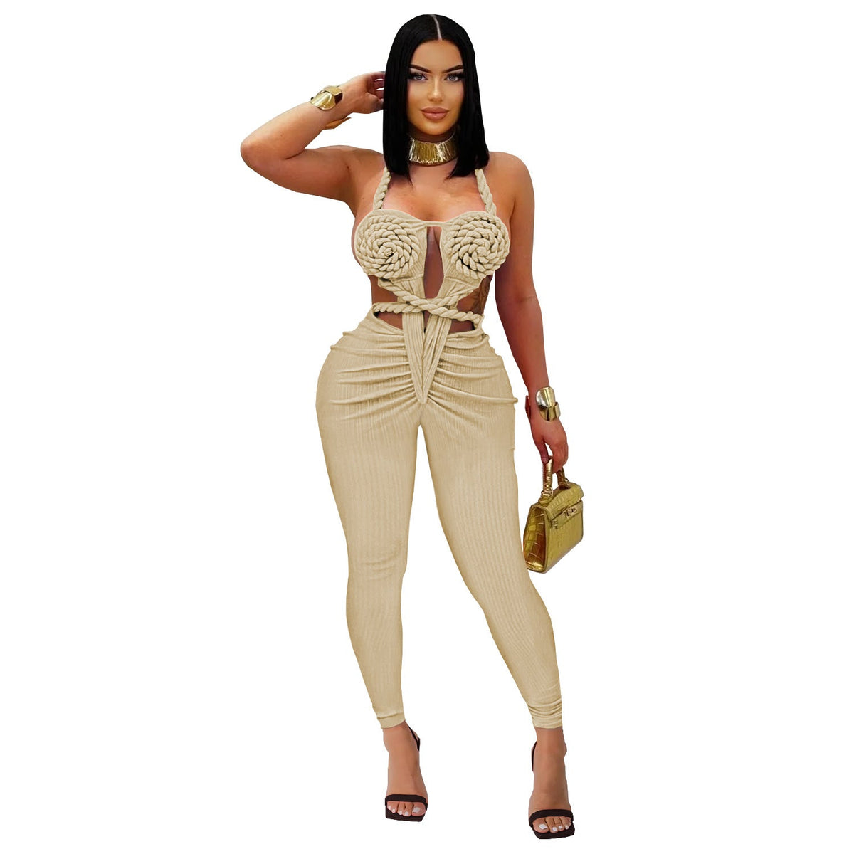 Women’s casual backless halter jumpsuit in solid color from Plush Fashion Hub, featuring a stylish relaxed fit and sleeveless design.