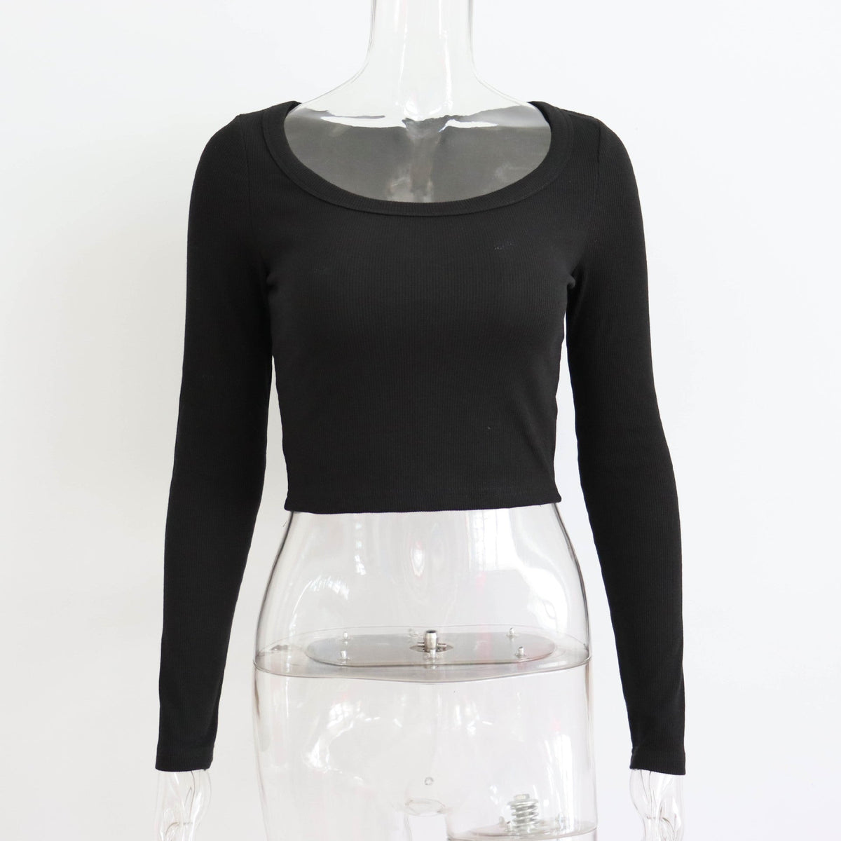 Long sleeve rib-knit top for women by Plush Fashion Hub, featuring a large round neck and slim fit, perfect for casual autumn and winter wear.