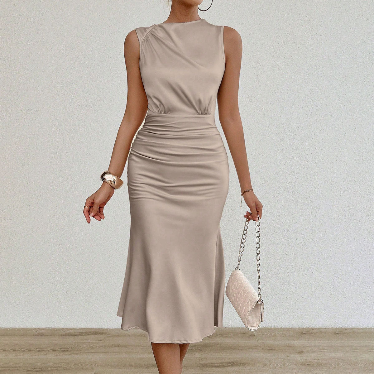 Women’s sexy satin midi dress by Bella Mia featuring pleated design, perfect for summer, with a smooth, shiny fabric.