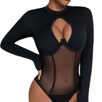 Bella Mia backless mesh jumpsuit with hollow out cutouts, slim fit patchwork design, and inner push-up details.