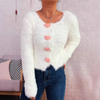 Bella Mia cozy autumn winter knitted cardigan sweater with love button details, solid color mink-like outerwear for office and casual wear