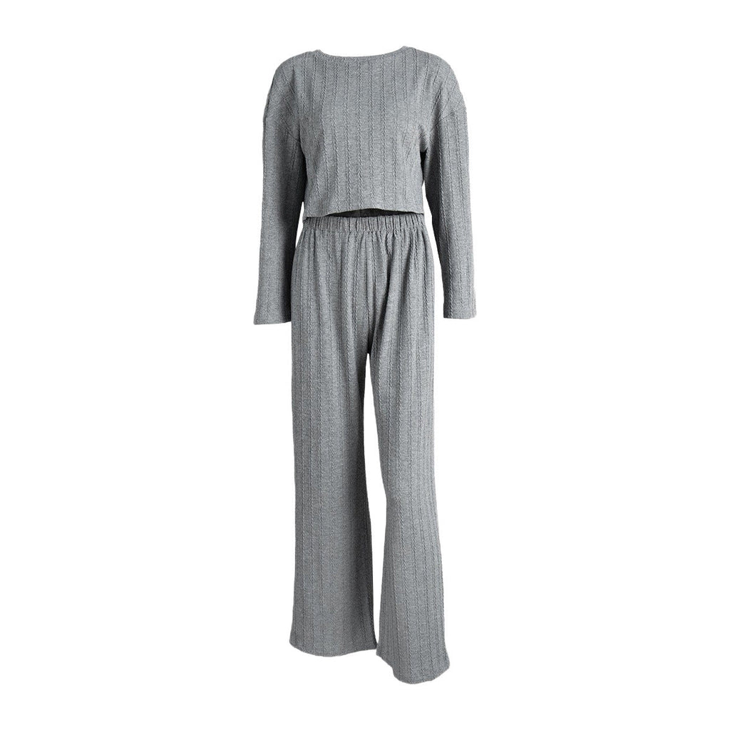 Gray long sleeve pajama trousers with wheat jacquard pattern, comfortable winter loungewear for women by Plush Fashion Hub