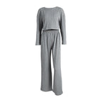Gray long sleeve pajama trousers with wheat jacquard pattern, comfortable winter loungewear for women by Plush Fashion Hub