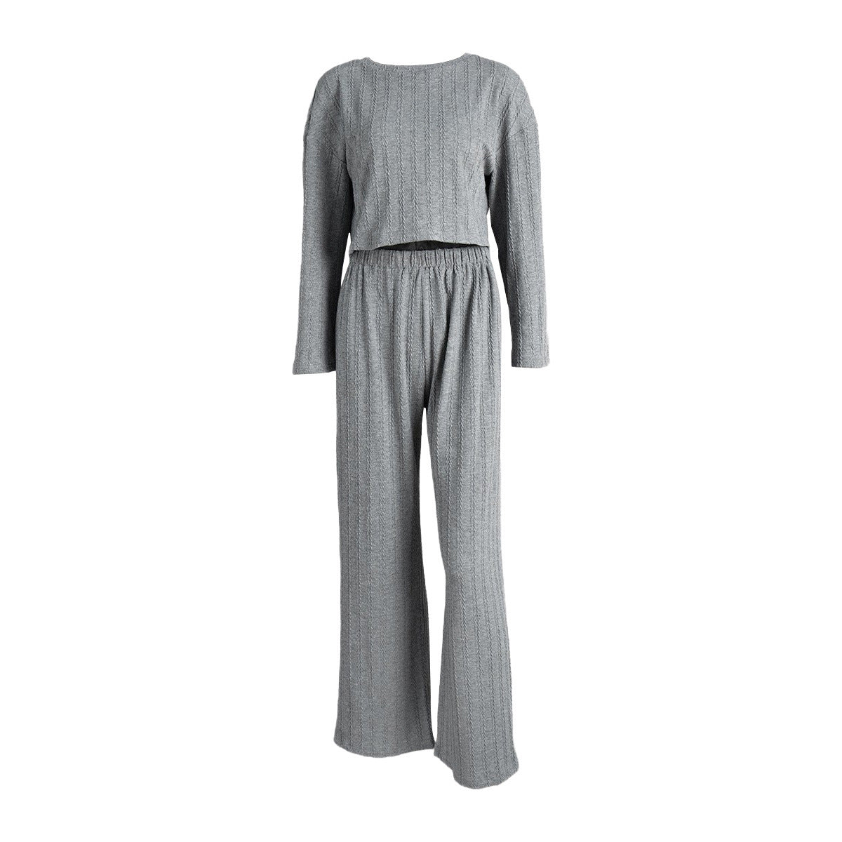 Gray long sleeve pajama trousers with wheat jacquard pattern, comfortable winter loungewear for women by Plush Fashion Hub