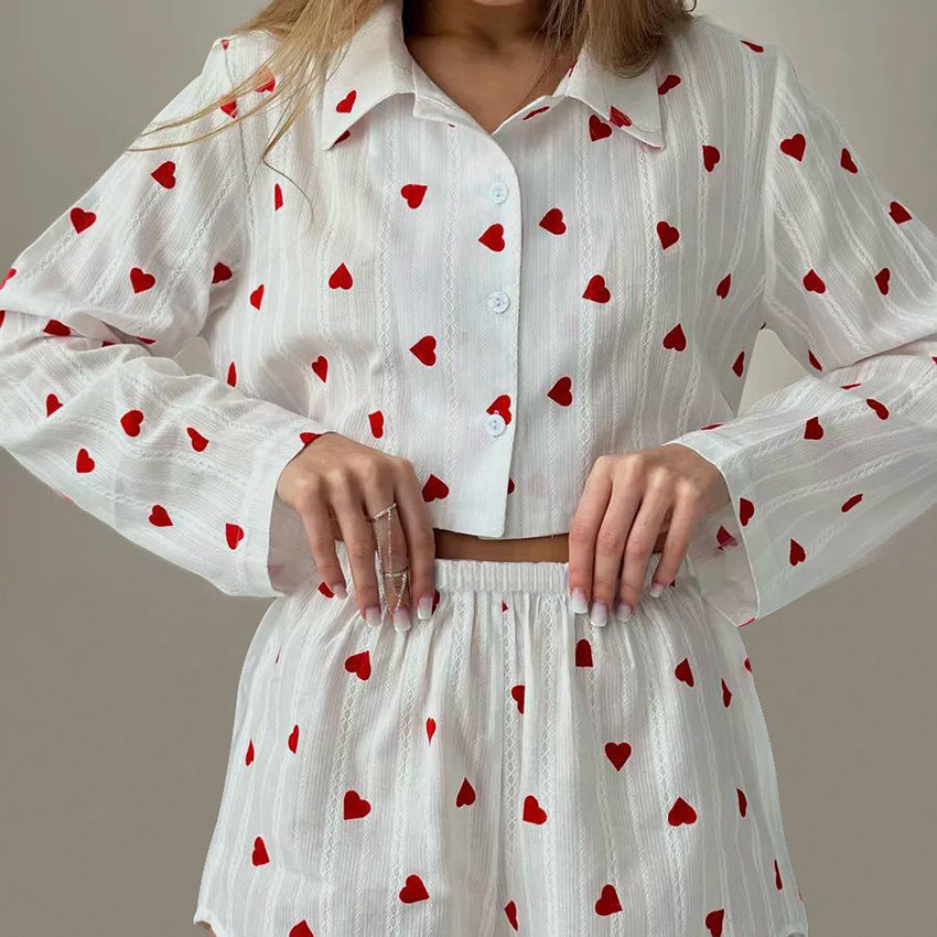 Bella Mia spring cotton jacquard pajamas set with heart print, long sleeves, and shorts for ladies homewear.