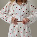 Bella Mia spring cotton jacquard pajamas set with heart print, long sleeves, and shorts for ladies homewear.