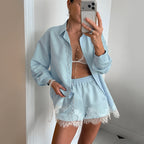 Retro design women's long sleeve collared lace stitching shirt and shorts casual two-piece set by Plush Fashion Hub.