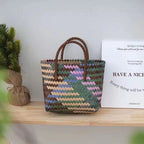 Bella Mia retro color woven straw bag, square handwoven vacation beach bag for women, featuring vibrant woven design and portable style.