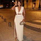 Bella Mia women's sleeveless solid color dress with V-neck, off-shoulder design, asymmetric slit, and irregular hem.