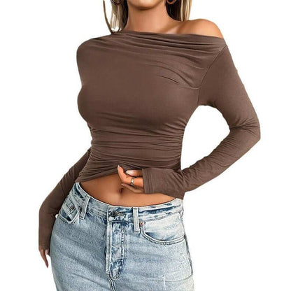 Casual Slim-fit Solid Color Diagonal Collar Pullover TopGet ready to elevate your casual look with our slim-fit pullover top! Available in white, cherry blossom powder, brown, black, and gray blue, this top features a diaTopsPlush Fashions ShopPlush Fashion Shop