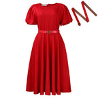 Women’s high waist puff sleeve dress with round neck by Plush Fashion Shop, showcasing a stylish and elegant design.