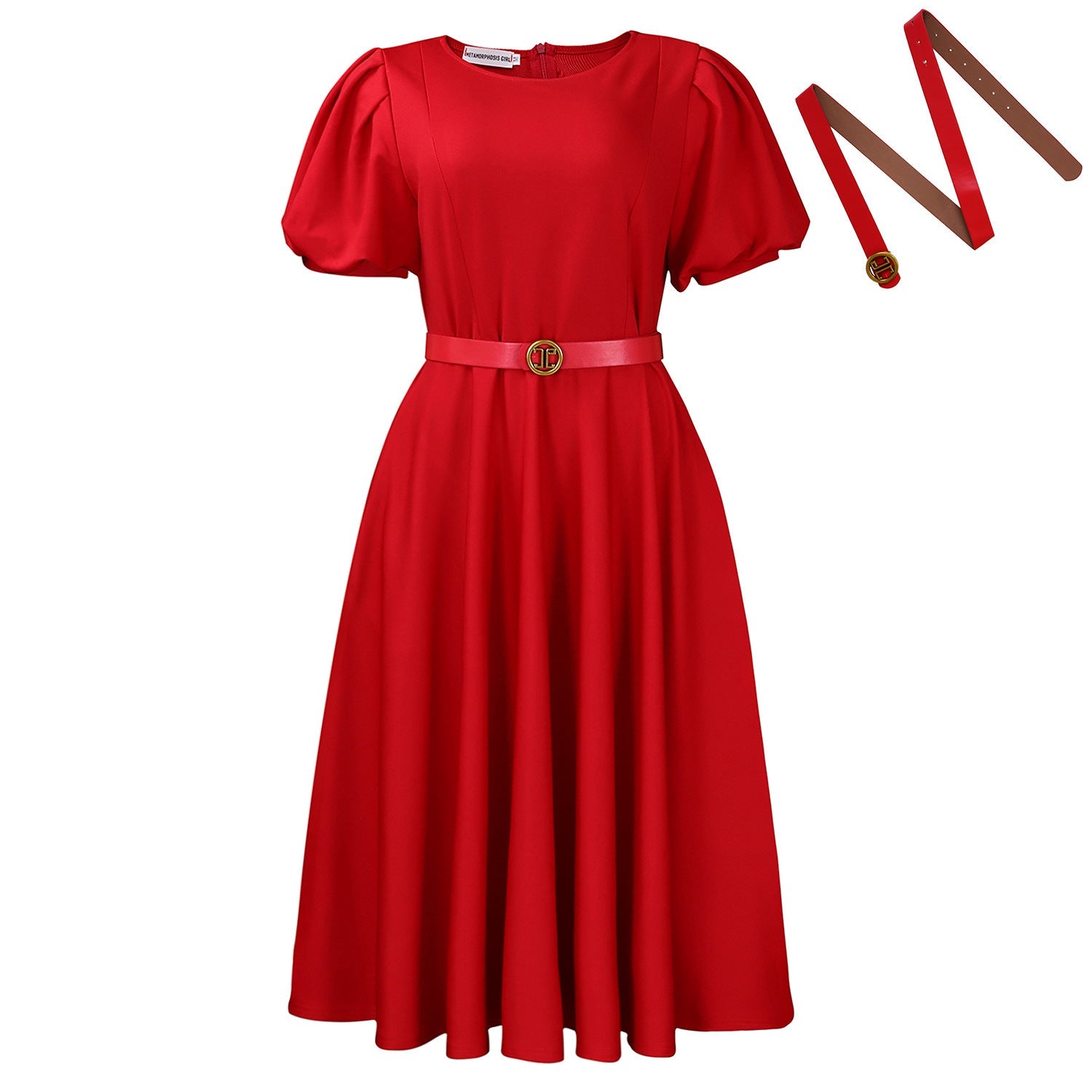 Women’s high waist puff sleeve dress with round neck by Plush Fashion Shop, showcasing a stylish and elegant design.