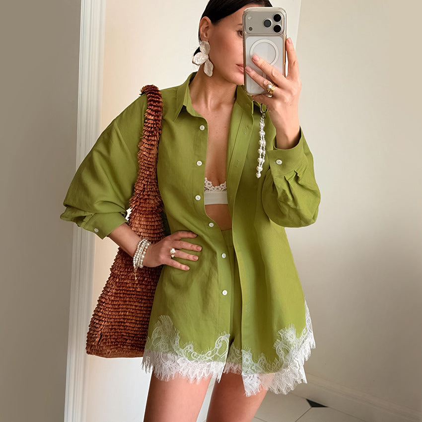 Retro long sleeve lace stitching collared shirt and matching shorts two-piece set, casual and stylish from Plush Fashion Hub.
