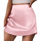 Women’s satin mini A-line pleated skirt by Bella Mia, high waist, stylish and elegant for modern fashion.