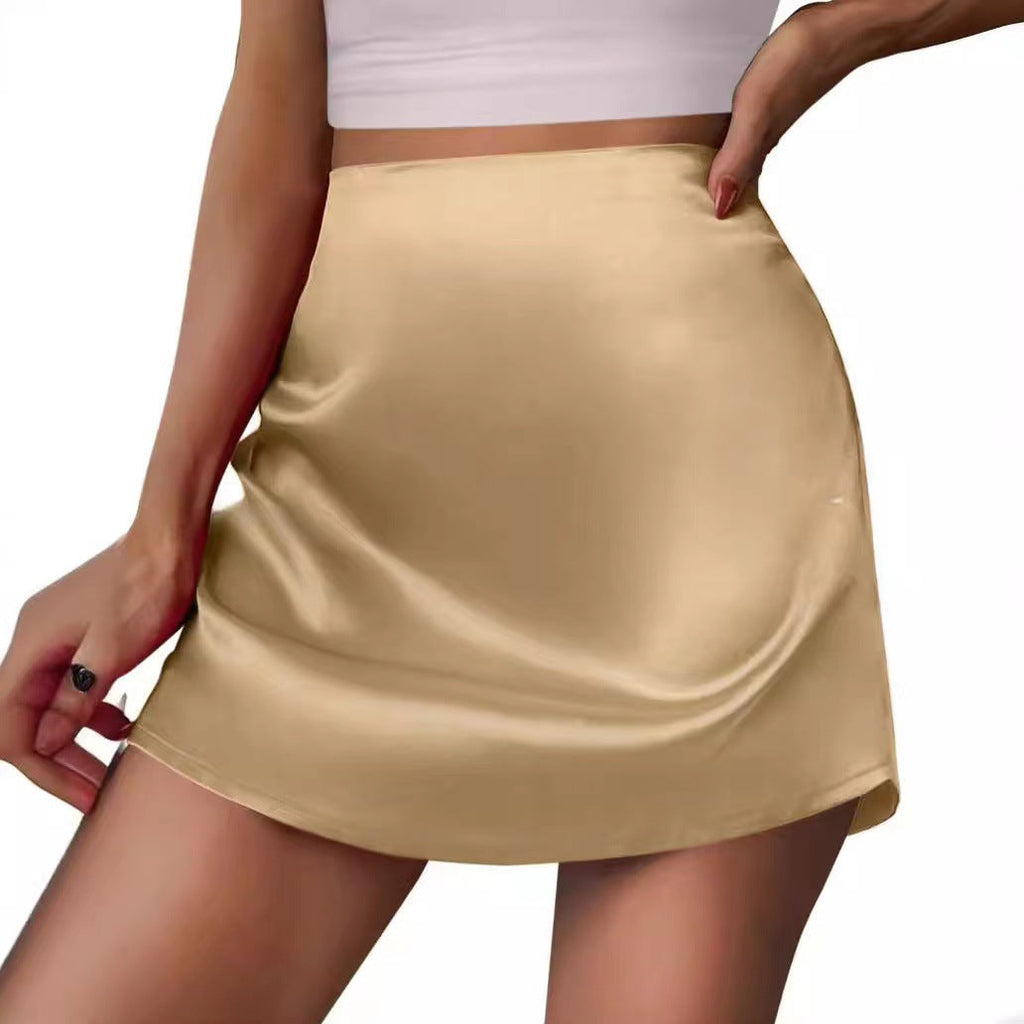 Bella Mia satin mini A-line pleated high-waist skirt for women, stylish and elegant bottoms with a smooth satin finish.